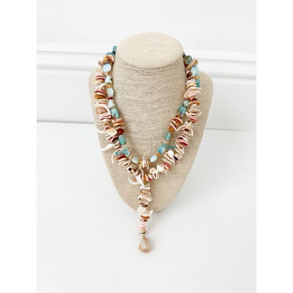 Genuine Shells, Glass & Agate Necklace Beaded Blue, Pink, White